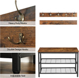 Industrial Design Entryway Shoe Rack with Coat Hooks Organizer (Brown) - Side View