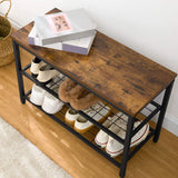 Industrial Design Entryway Shoe Rack with Coat Hooks Organizer (Brown) - Top-Down View