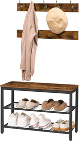 Industrial Design Entryway Shoe Rack with Coat Hooks Organizer (Brown) - Rear View