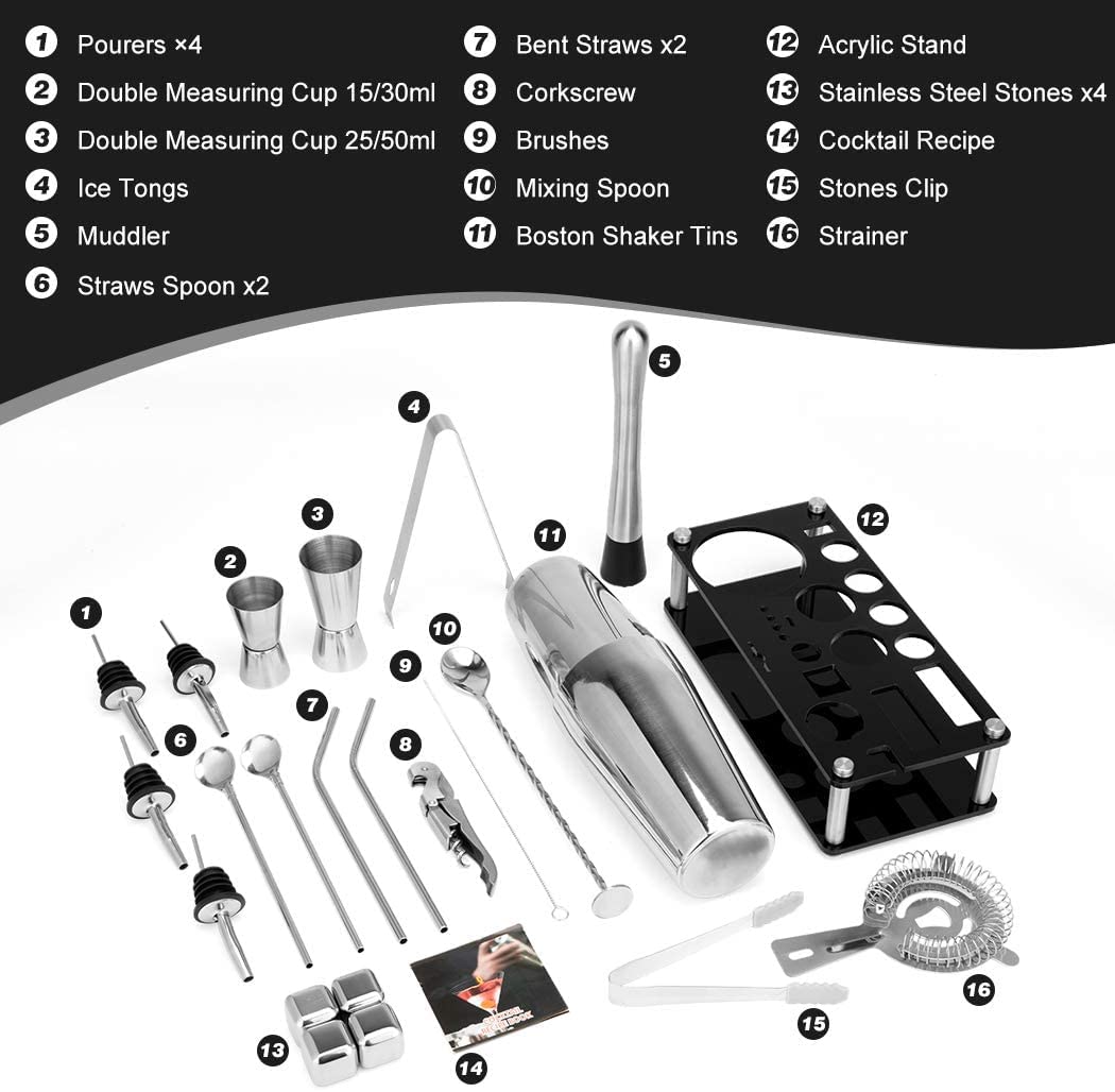 Professional 23-Piece Stainless Steel Boston Cocktail Shaker Set with Bar Tools for Mixology