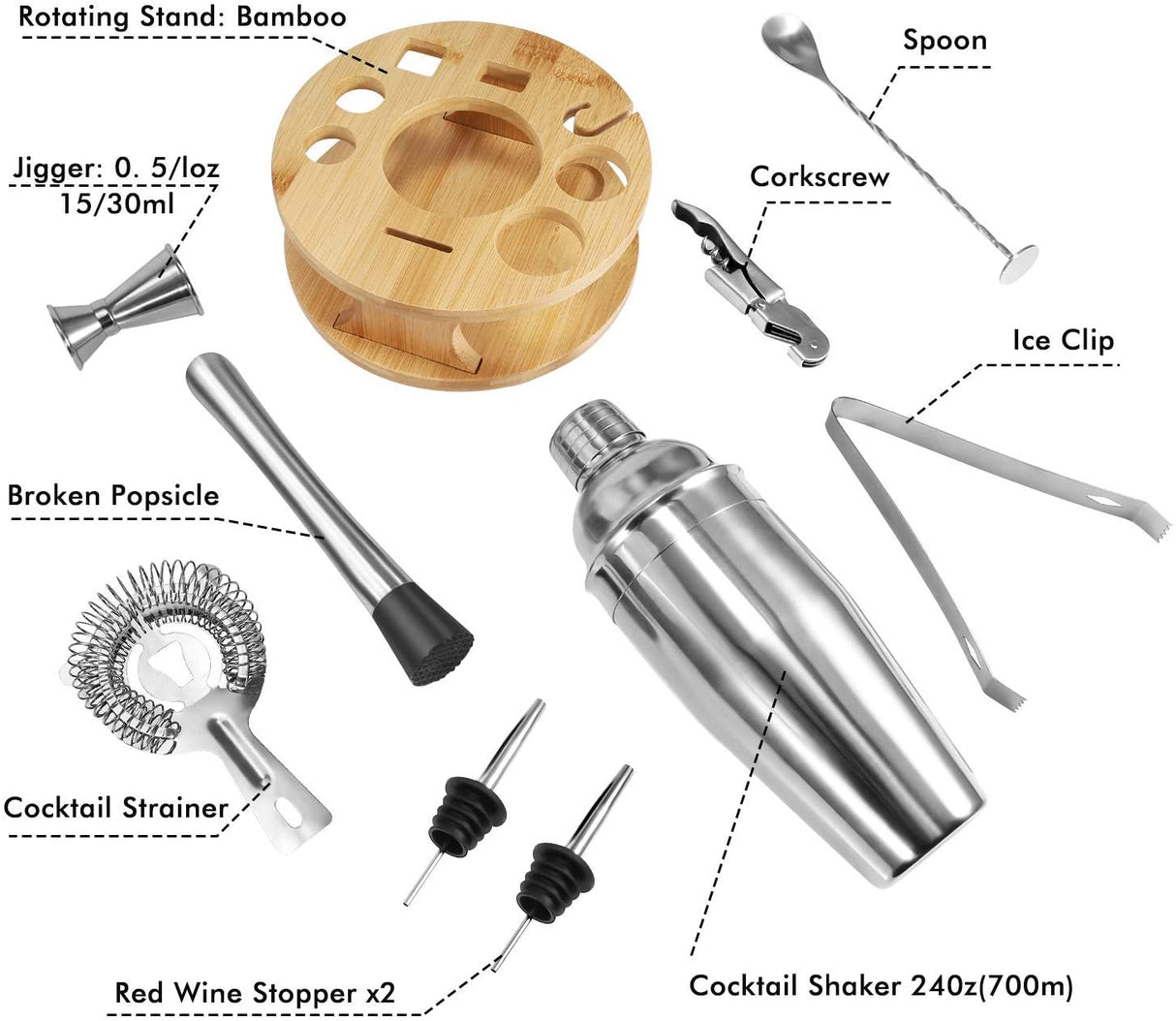 Elegant 10-Piece Stainless Steel Cocktail Shaker Set with Rotating Bamboo Stand
