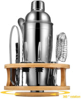 Elegant 10-Piece Stainless Steel Cocktail Shaker Set with Rotating Bamboo Stand - Top-Down View