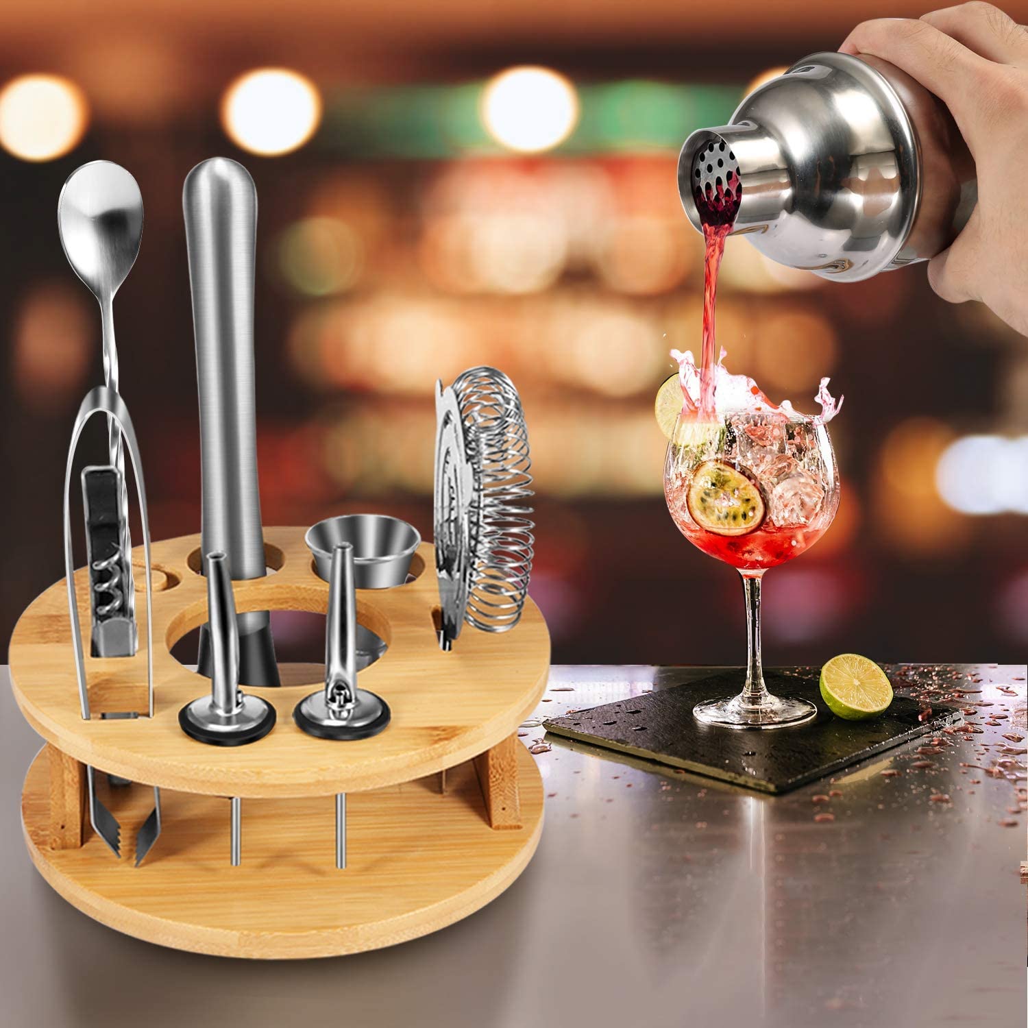 Elegant 10-Piece Stainless Steel Cocktail Shaker Set with Rotating Bamboo Stand