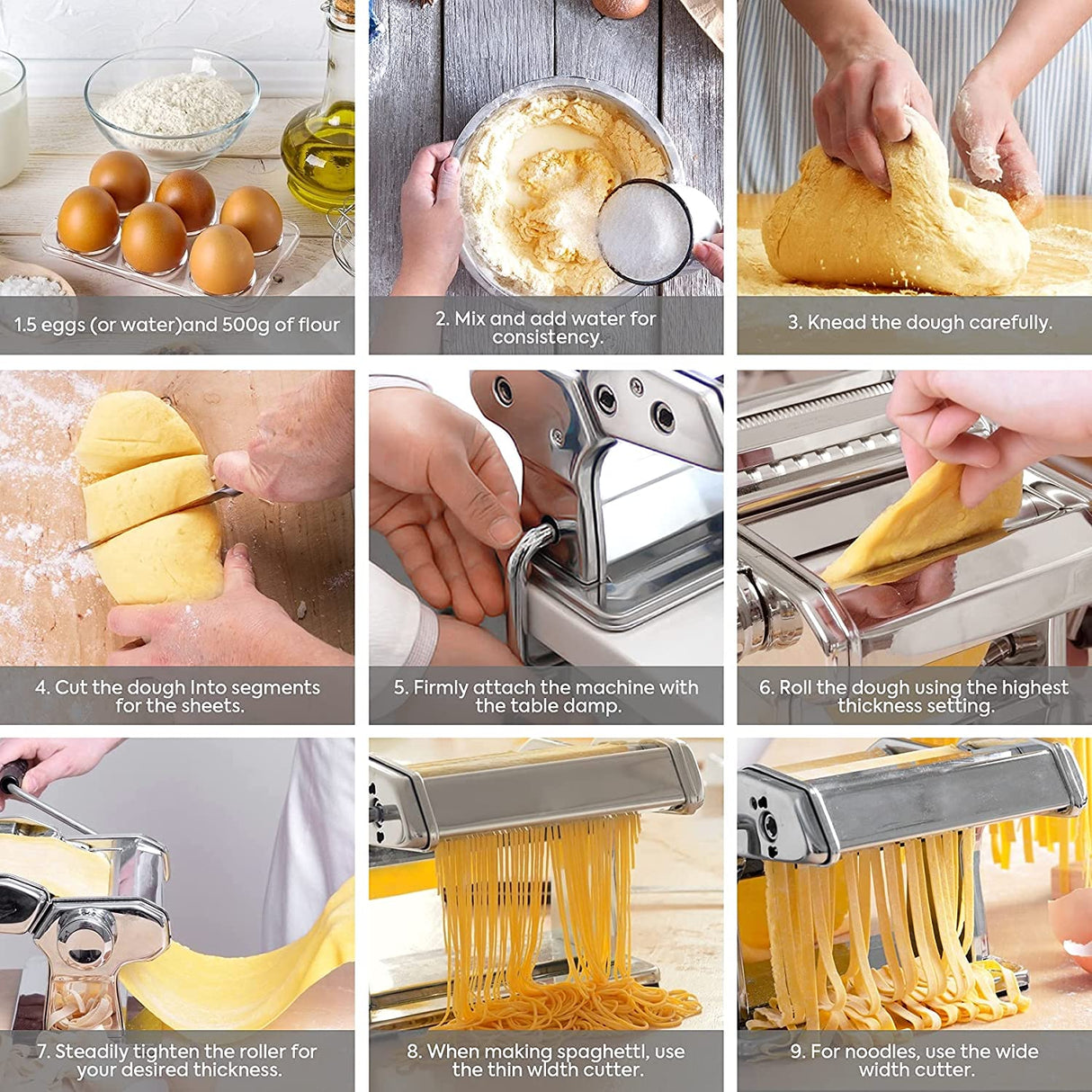 Manual Steel Pasta Machine with 8 Customizable Thickness Options