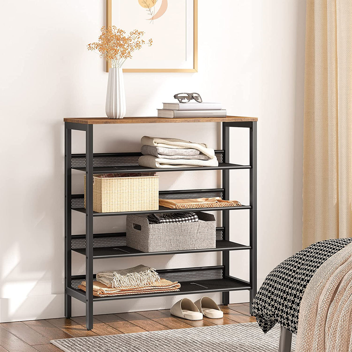 Compact 5-Tier Shoe Storage Bench with Industrial Design