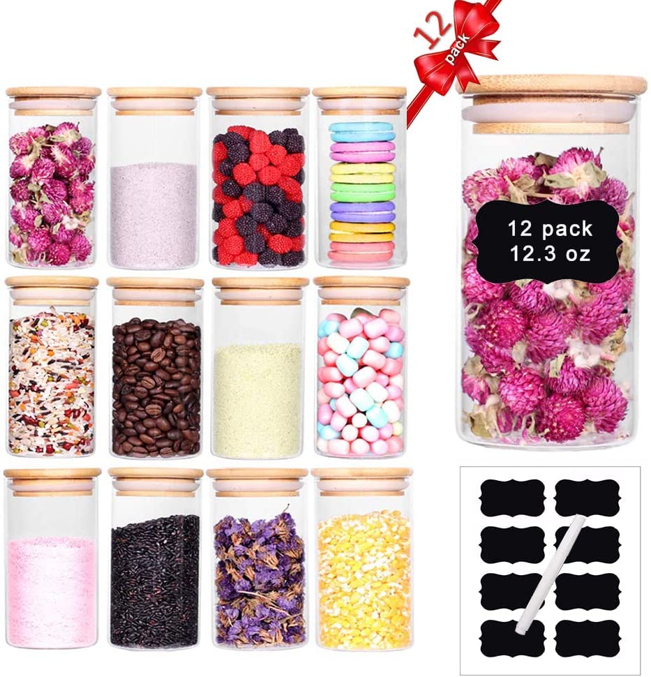 Set of 12 Airtight Glass Spice Jars with Bamboo Lids and Labels for Kitchen Storage (350 ml)