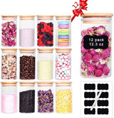 Set of 12 Airtight Glass Spice Jars with Bamboo Lids and Labels for Kitchen Storage (350 ml) - Front View