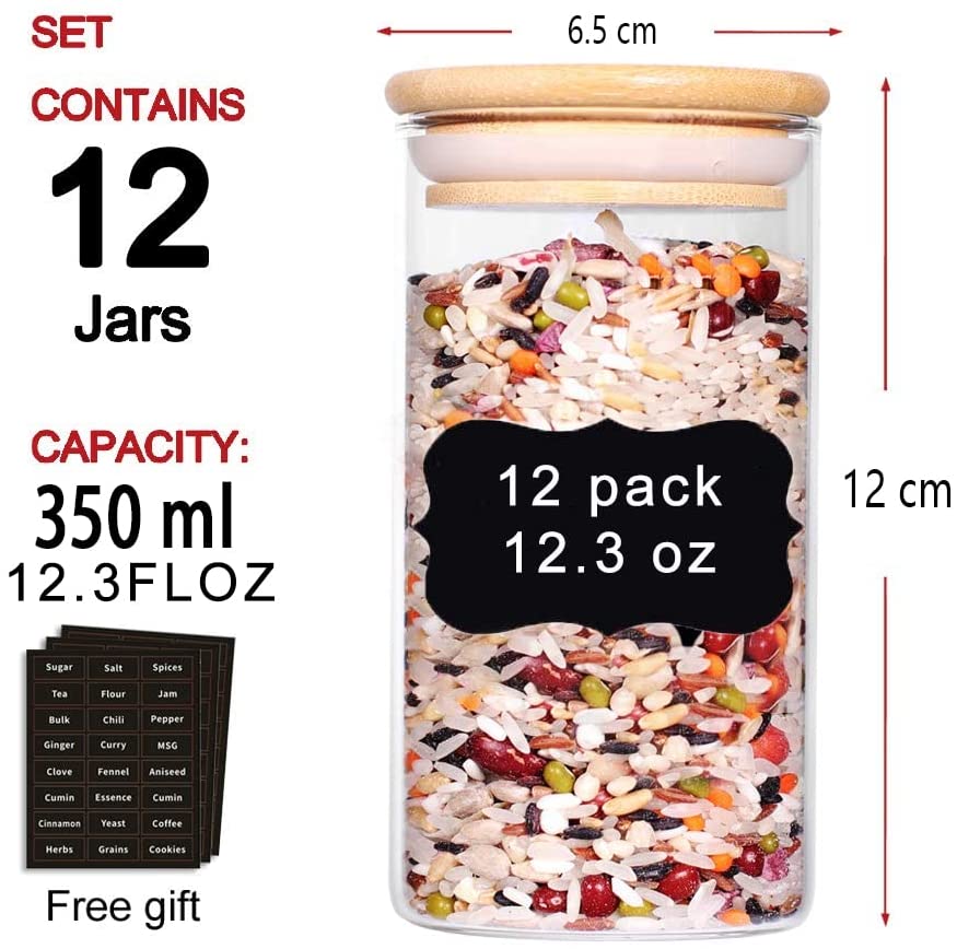 Set of 12 Airtight Glass Spice Jars with Bamboo Lids and Labels for Kitchen Storage (350 ml)