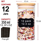 Set of 12 Airtight Glass Spice Jars with Bamboo Lids and Labels for Kitchen Storage (350 ml) - Side View