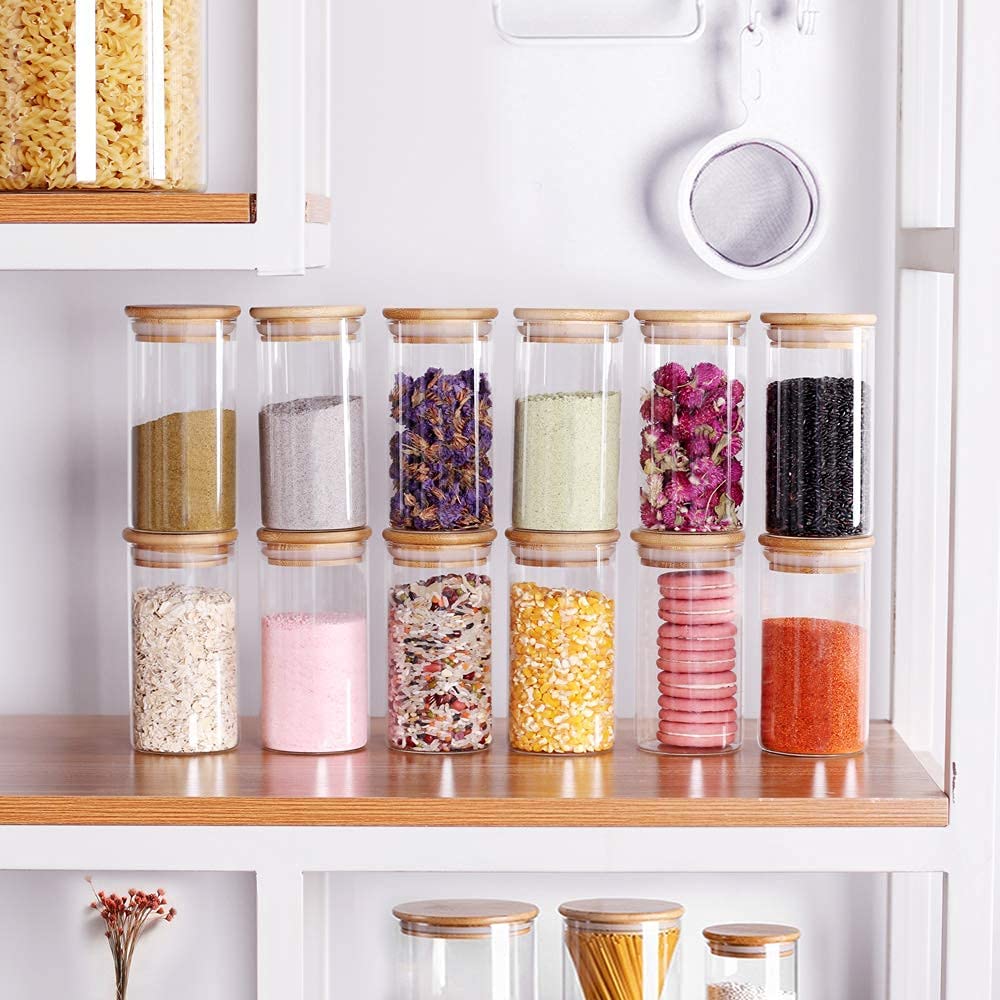 Set of 12 Airtight Glass Spice Jars with Bamboo Lids and Labels for Kitchen Storage (350 ml)