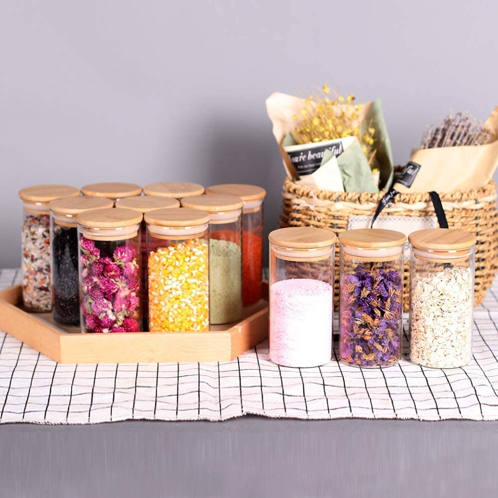 Set of 12 Airtight Glass Spice Jars with Bamboo Lids and Labels for Kitchen Storage (350 ml)