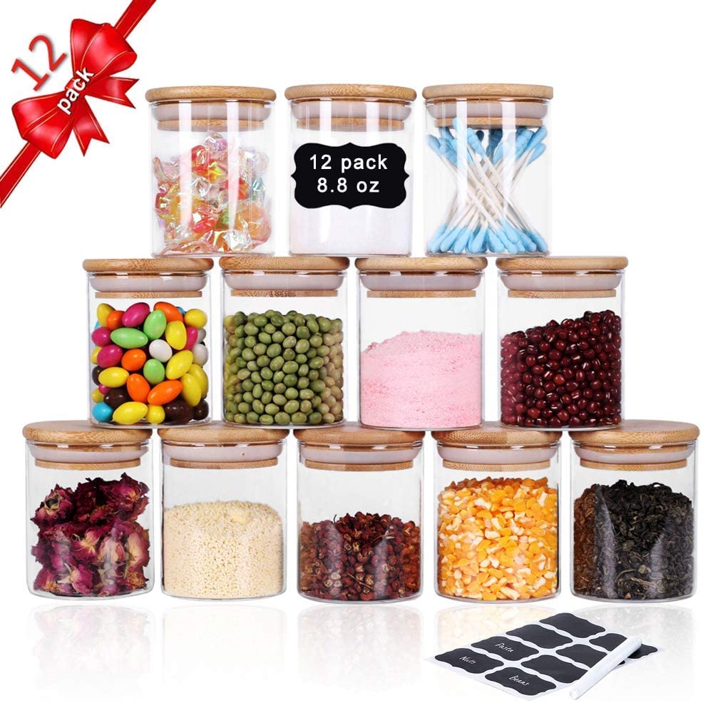Set of 12 Airtight Glass Spice Containers with Bamboo Lids and Labels (250 ml) for Kitchen Organization
