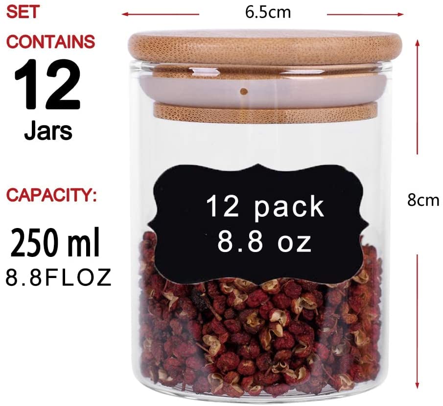 Set of 12 Airtight Glass Spice Containers with Bamboo Lids and Labels (250 ml) for Kitchen Organization