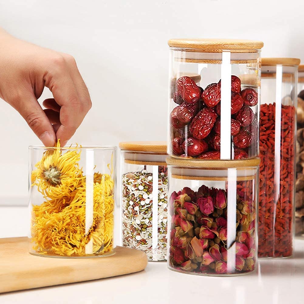 Set of 12 Airtight Glass Spice Containers with Bamboo Lids and Labels (250 ml) for Kitchen Organization