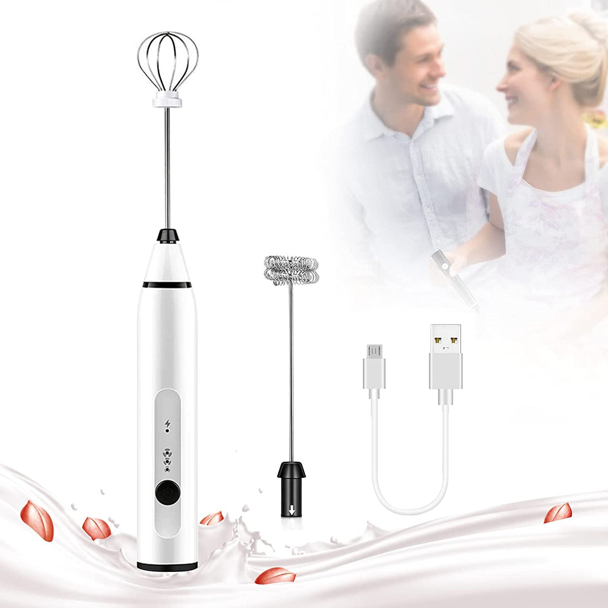 Rechargeable Silver Handheld Electric Milk Frother with 3 Speed Settings