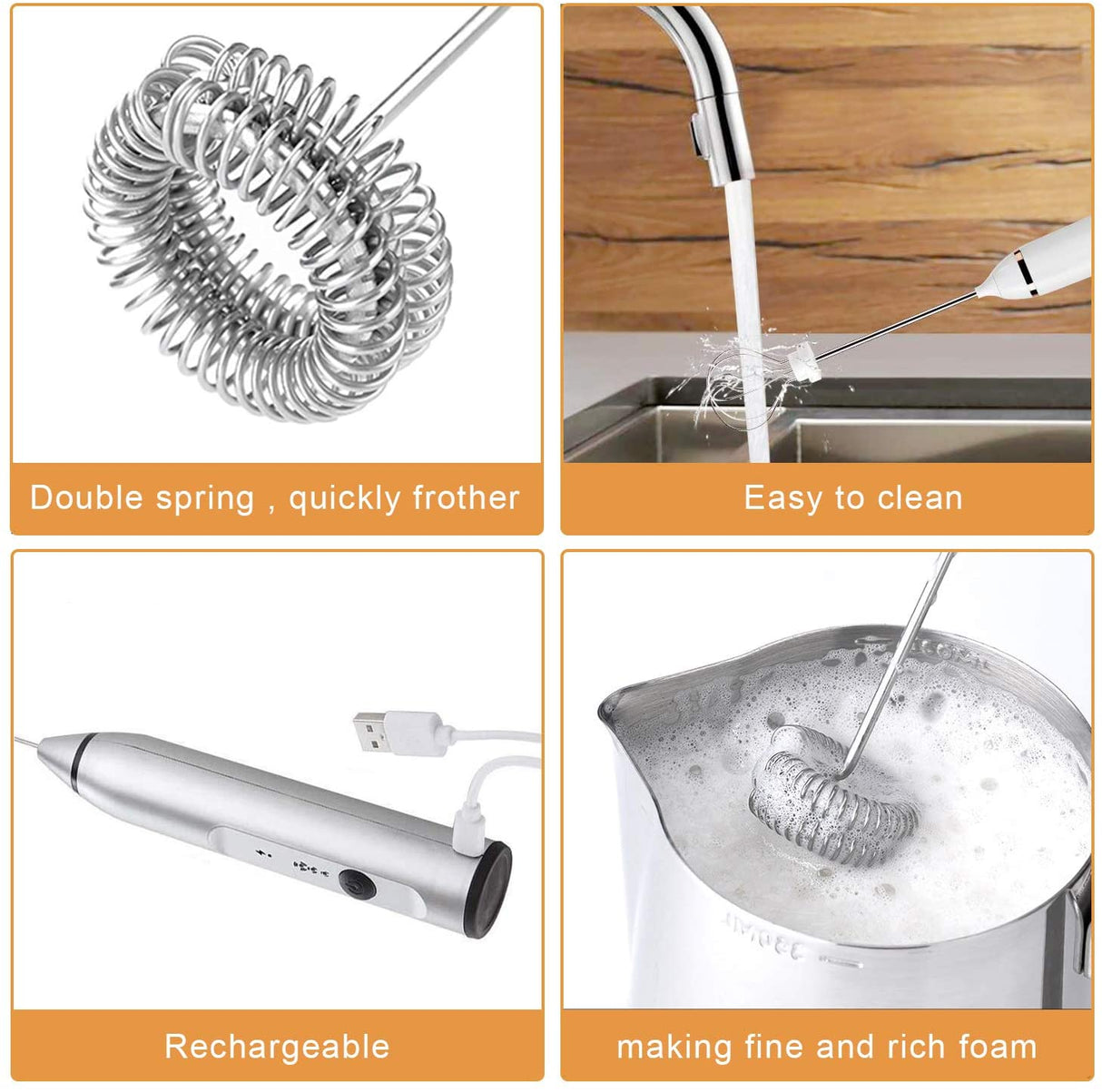 Rechargeable Silver Handheld Electric Milk Frother with 3 Speed Settings