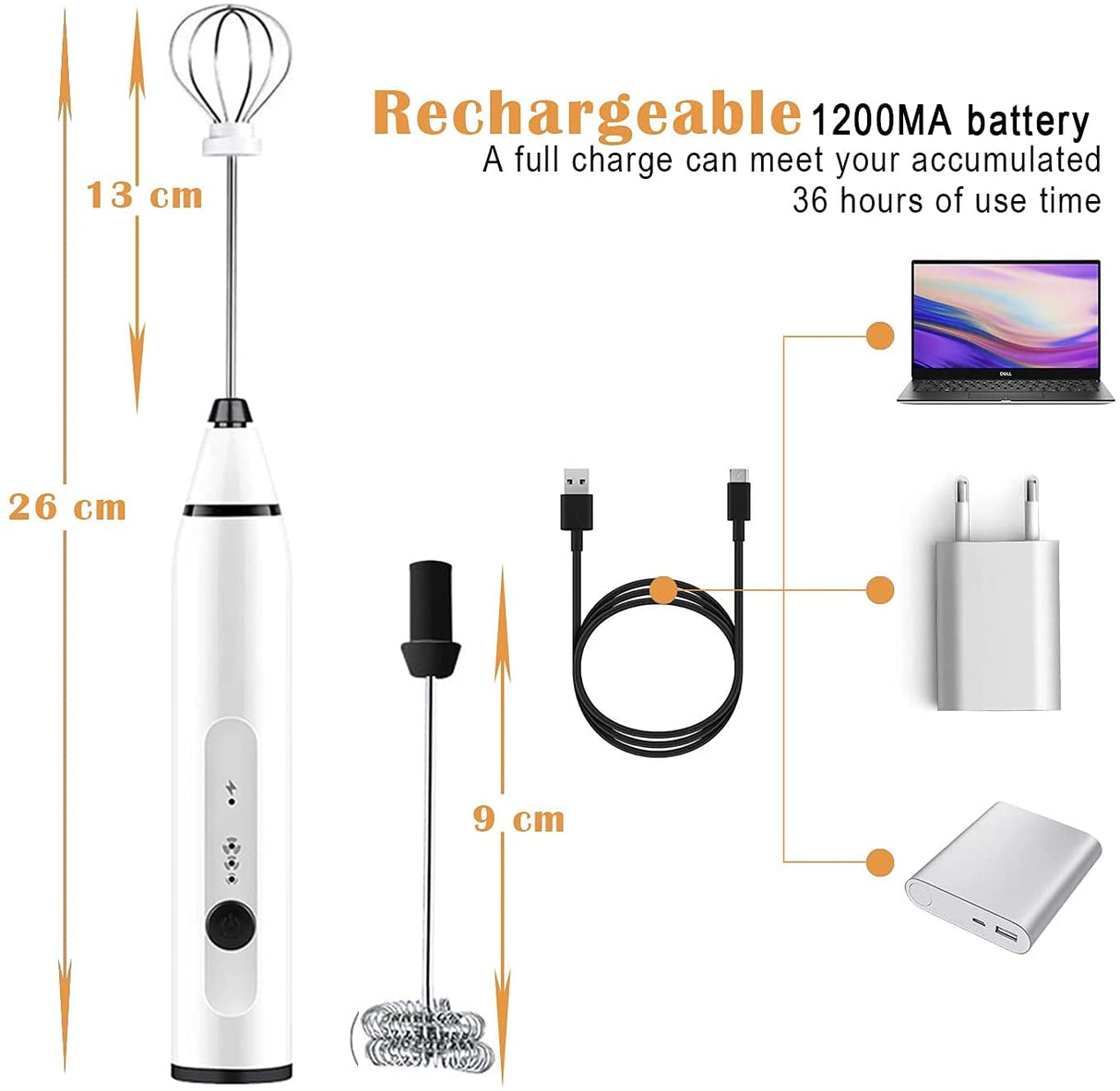 Rechargeable Silver Handheld Electric Milk Frother with 3 Speed Settings