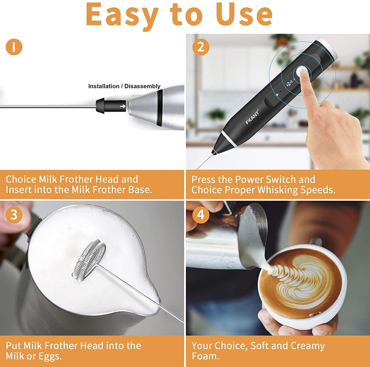Rechargeable Silver Handheld Electric Milk Frother with 3 Speed Settings
