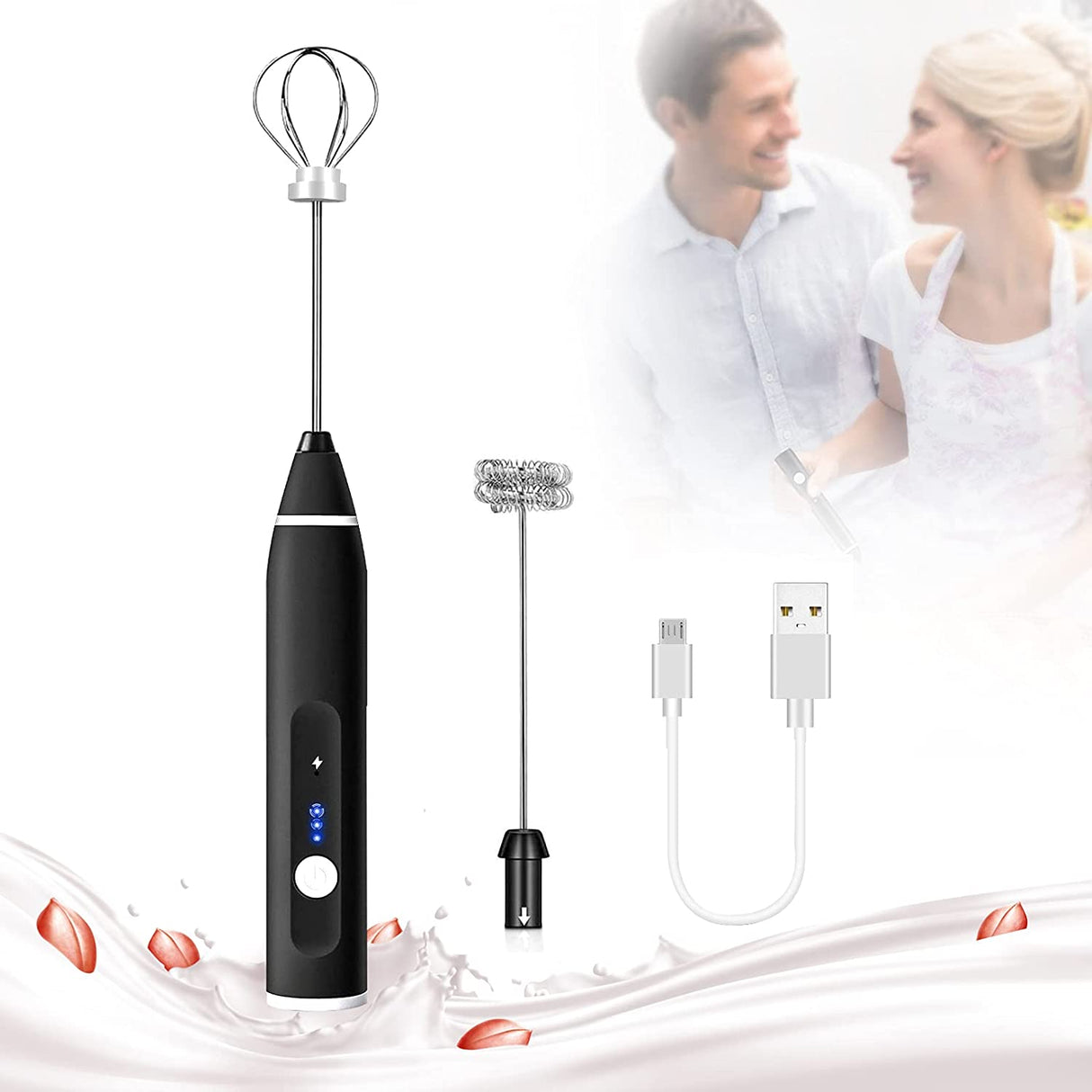 Black USB Rechargeable Handheld Milk Frother with 3 Speed Settings