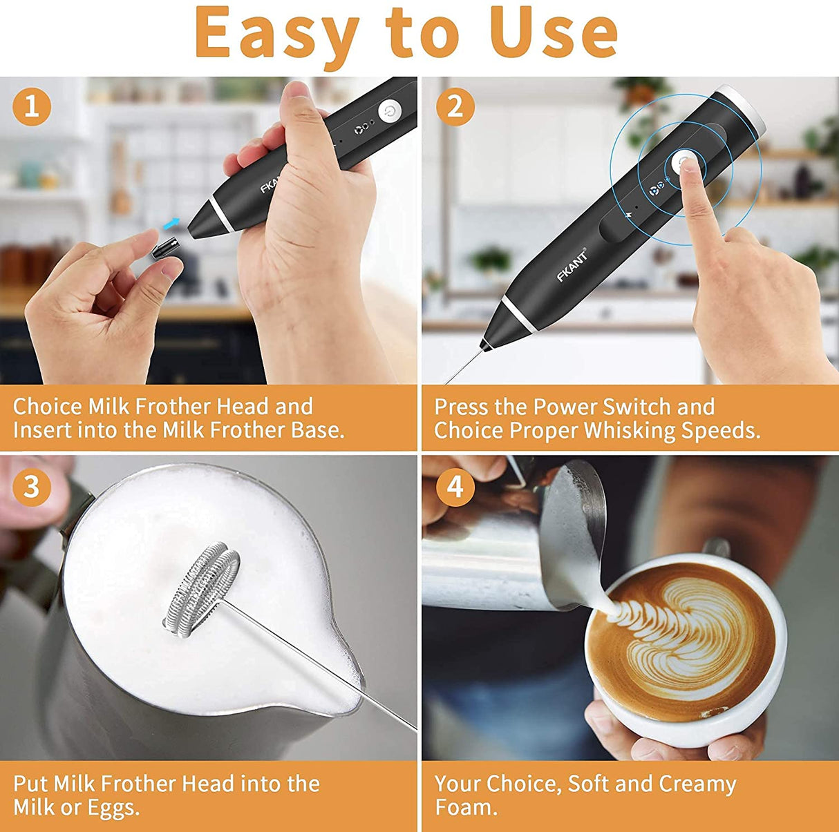 Black USB Rechargeable Handheld Milk Frother with 3 Speed Settings