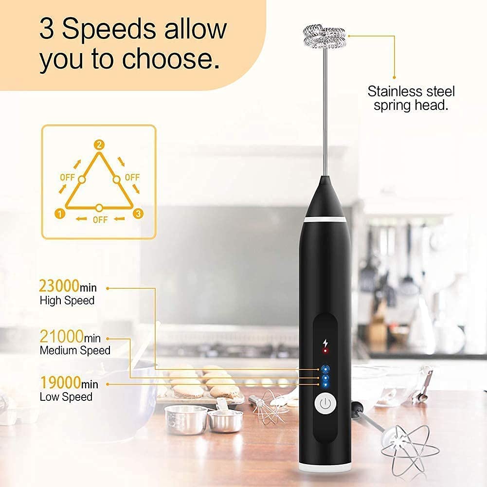 Black USB Rechargeable Handheld Milk Frother with 3 Speed Settings