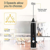 Black USB Rechargeable Handheld Milk Frother with 3 Speed Settings - Top-Down View