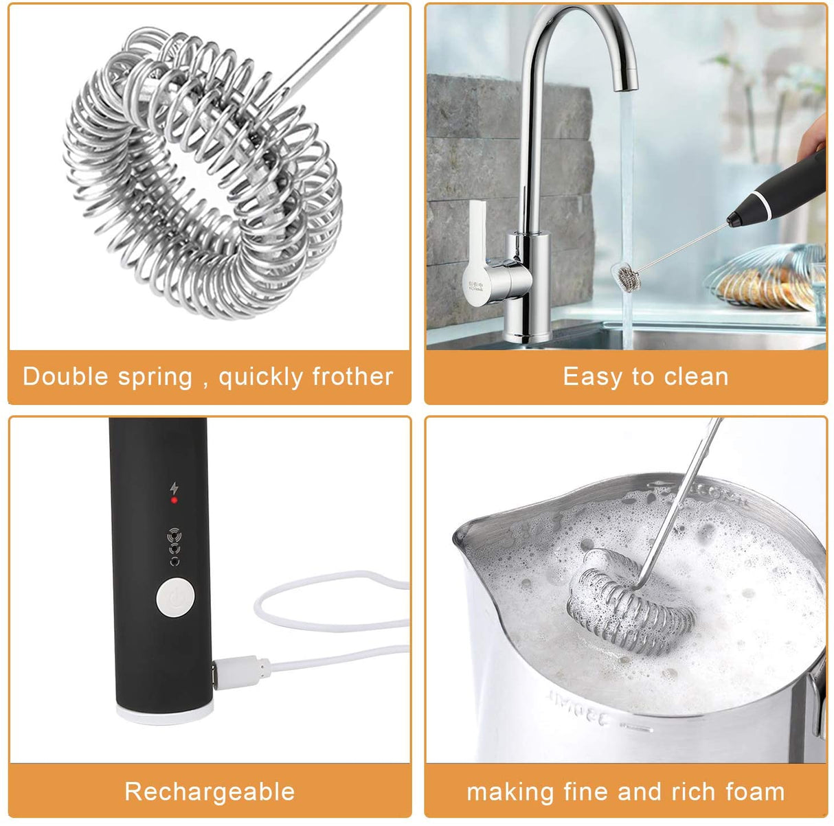 Black USB Rechargeable Handheld Milk Frother with 3 Speed Settings