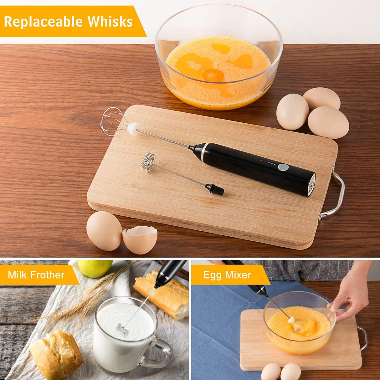Black USB Rechargeable Handheld Milk Frother with 3 Speed Settings