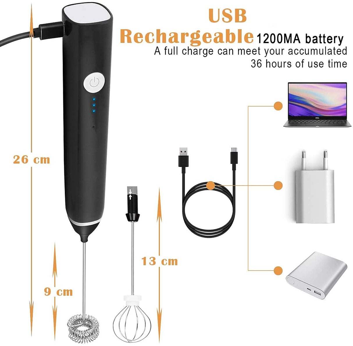 Black USB Rechargeable Handheld Milk Frother with 3 Speed Settings