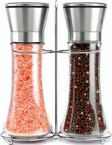 Sleek Glass and Stainless Steel Salt & Pepper Mill Duo - Side View