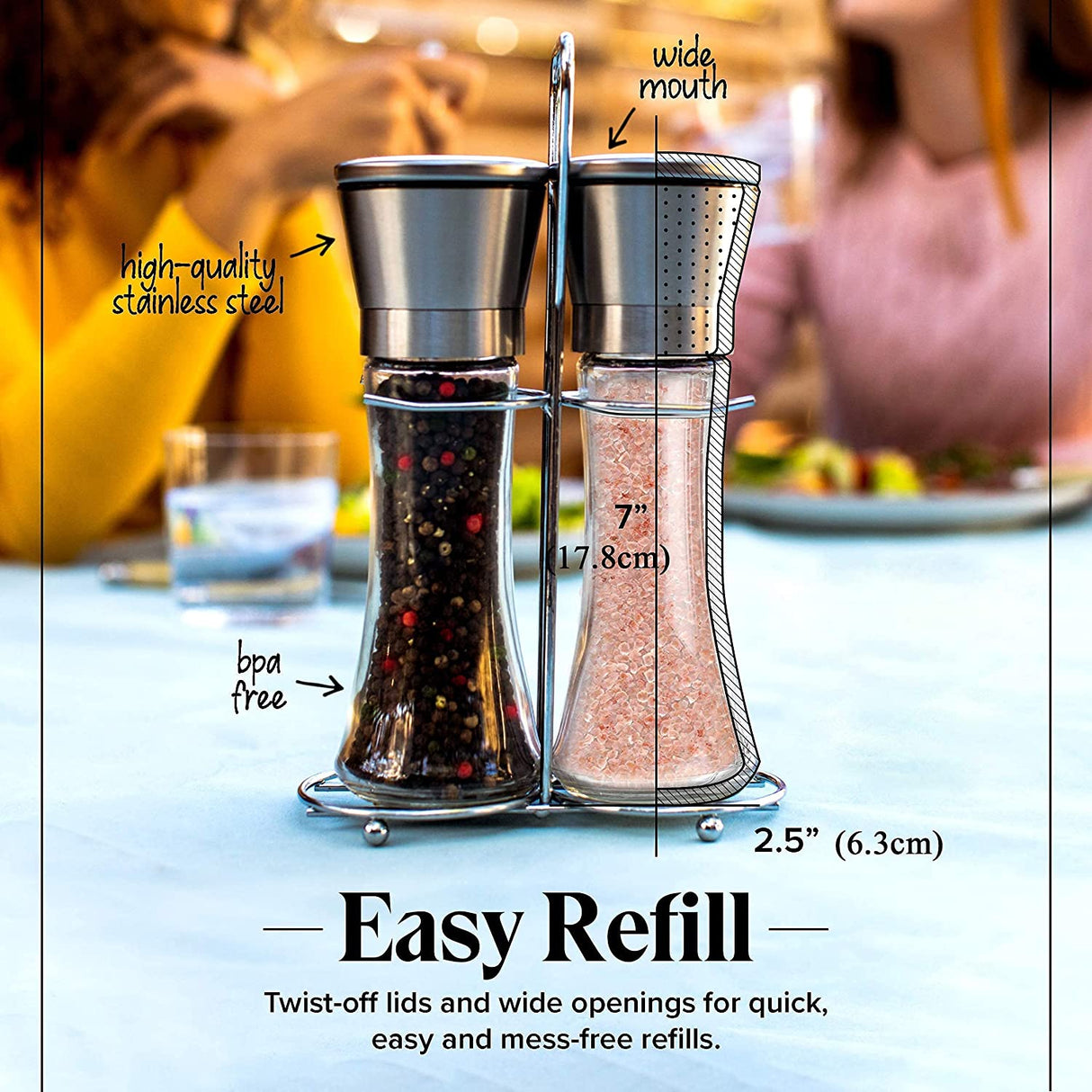 Sleek Glass and Stainless Steel Salt & Pepper Mill Duo