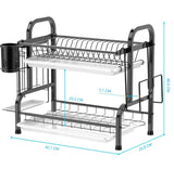 Stainless Steel 2-Tier Dish Drying Rack with Utensil Holder, Cutting Board Holder and Dish Drainer for Kitchen Counter (Black) - Front View