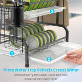 Stainless Steel 2-Tier Dish Drying Rack with Utensil Holder, Cutting Board Holder and Dish Drainer for Kitchen Counter (Black) - 45-Degree Angle