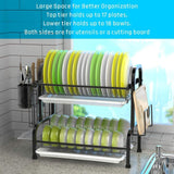 Stainless Steel 2-Tier Dish Drying Rack with Utensil Holder, Cutting Board Holder and Dish Drainer for Kitchen Counter (Black) - Close-Up Angle