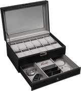 Elegant 12-Slot Lockable PU Leather Watch and Jewelry Organizer Box (Black)