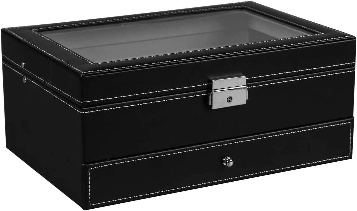 Elegant 12-Slot Lockable PU Leather Watch and Jewelry Organizer Box (Black)