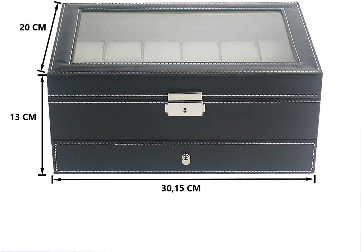Elegant 12-Slot Lockable PU Leather Watch and Jewelry Organizer Box (Black)