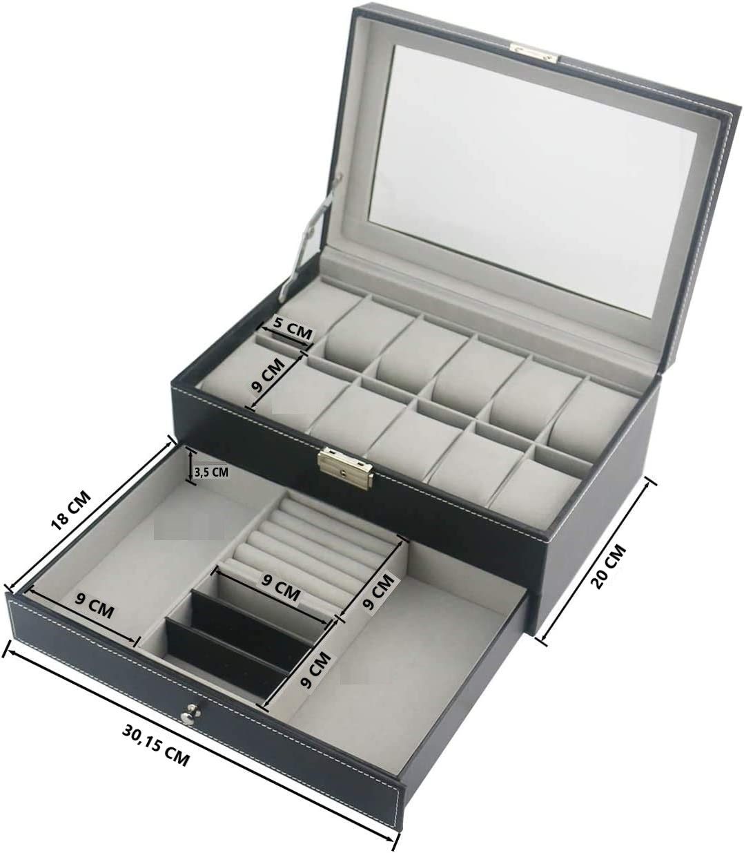 Elegant 12-Slot Lockable PU Leather Watch and Jewelry Organizer Box (Black)