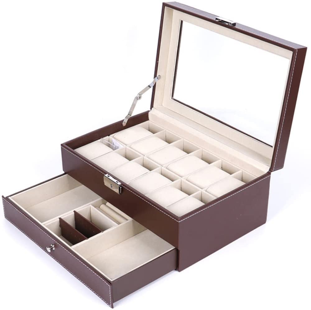 Elegant Brown Lockable PU Leather Watch and Jewelry Organizer with 12 Slots