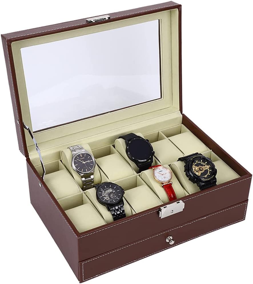 Elegant Brown Lockable PU Leather Watch and Jewelry Organizer with 12 Slots