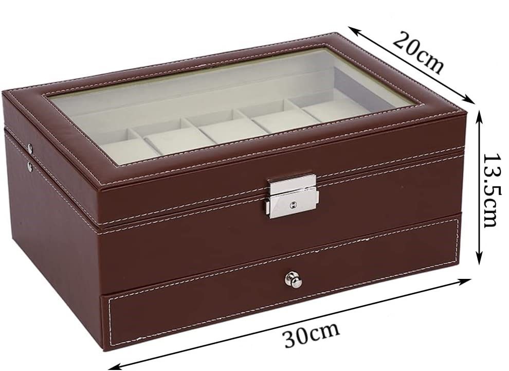 Elegant Brown Lockable PU Leather Watch and Jewelry Organizer with 12 Slots