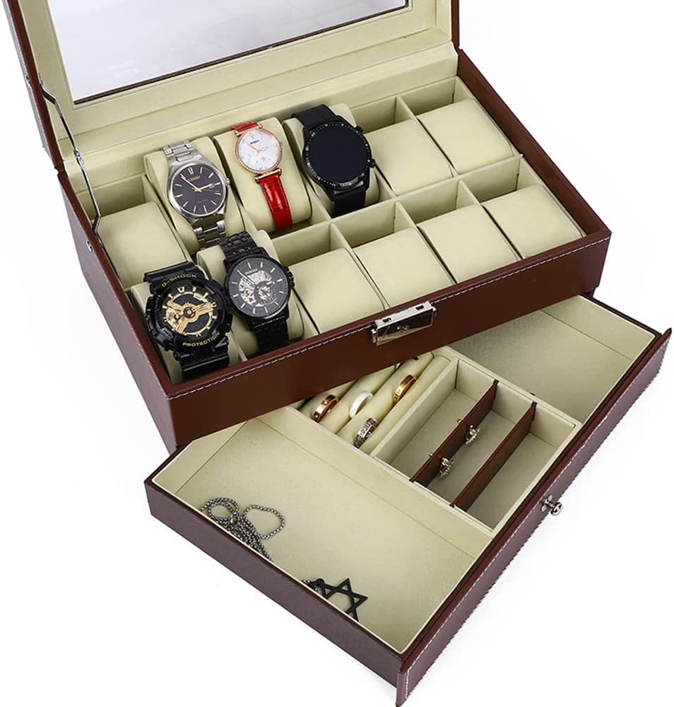 Elegant Brown Lockable PU Leather Watch and Jewelry Organizer with 12 Slots