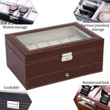 Elegant Brown Lockable PU Leather Watch and Jewelry Organizer with 12 Slots - Rear View