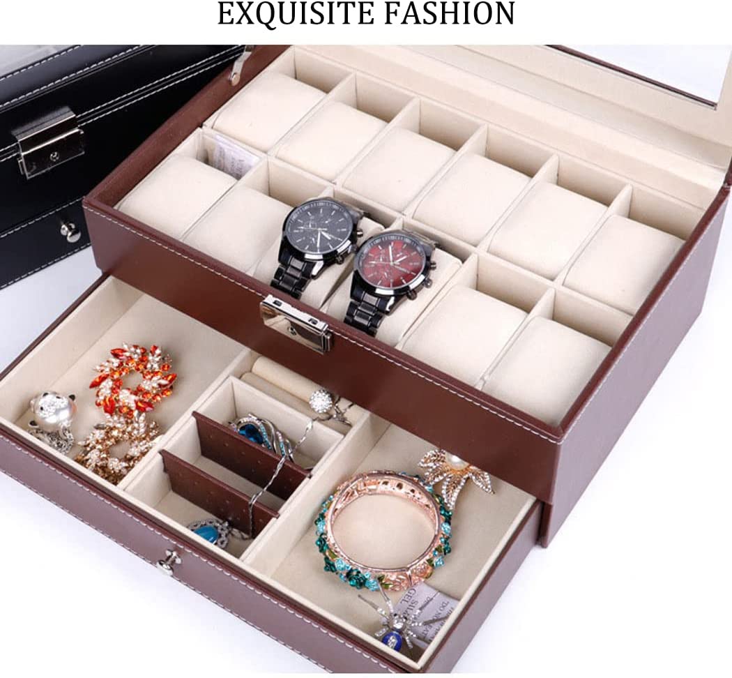 Elegant Brown Lockable PU Leather Watch and Jewelry Organizer with 12 Slots