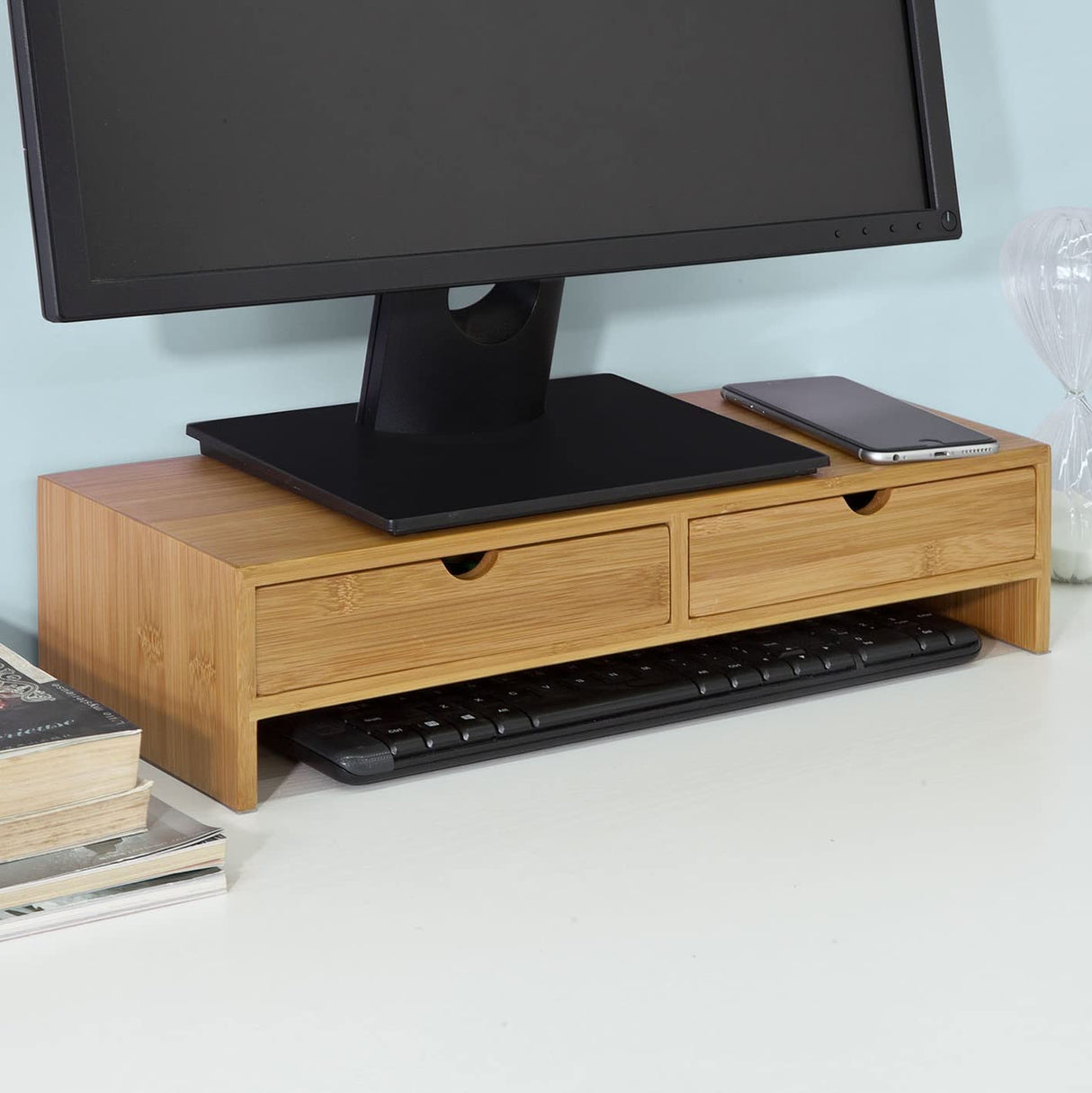 Ergonomic Bamboo Monitor Riser with Dual Storage Drawers