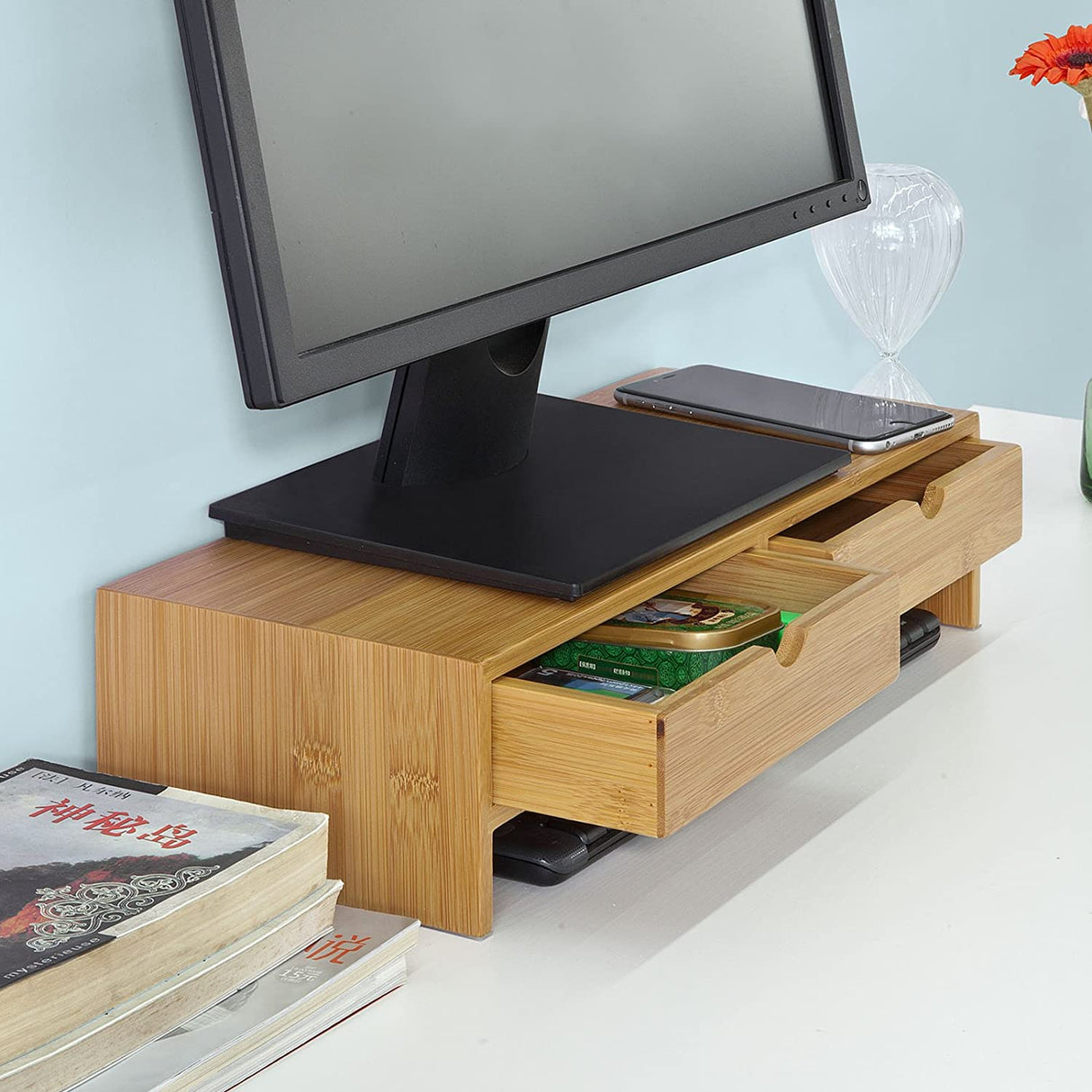 Ergonomic Bamboo Monitor Riser with Dual Storage Drawers