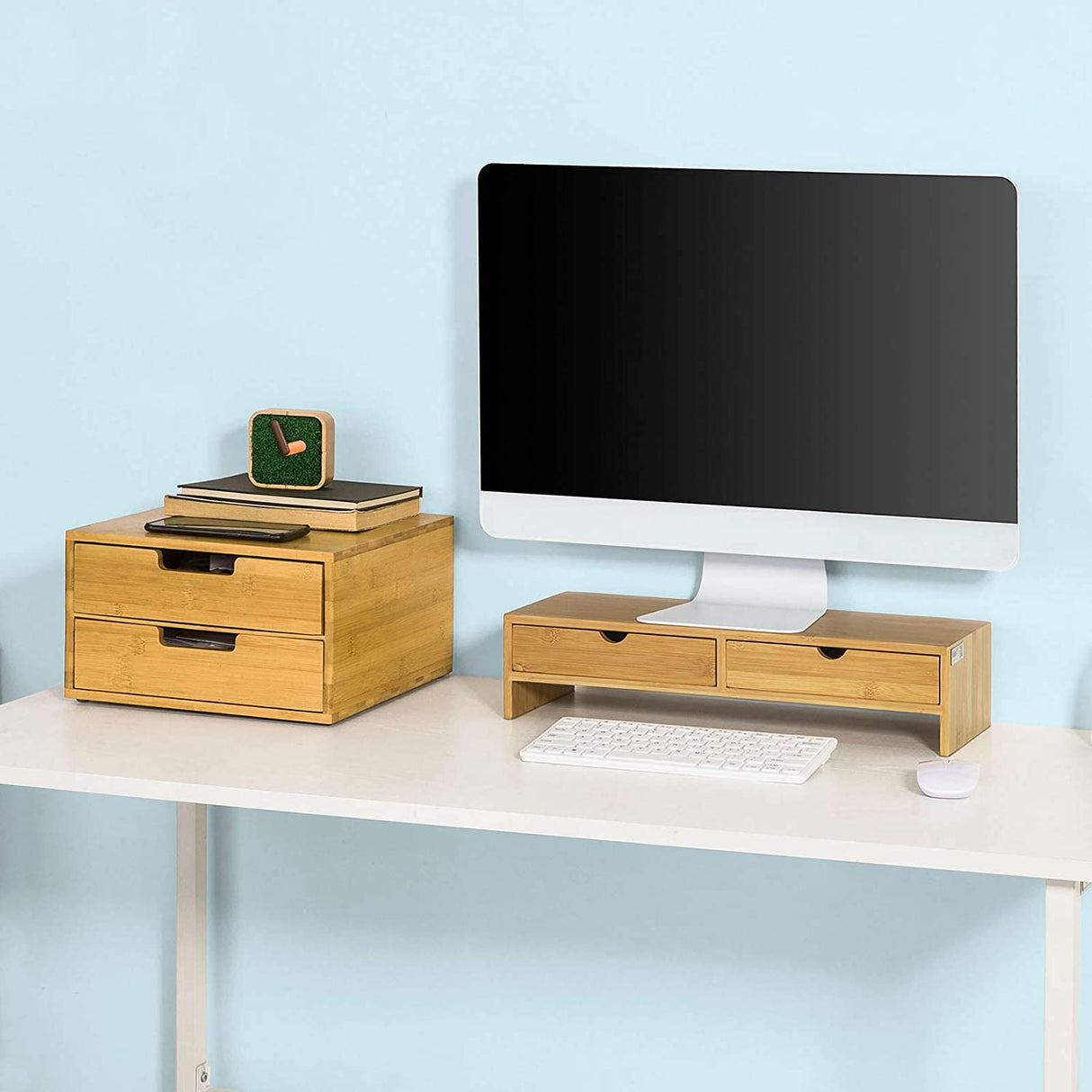 Ergonomic Bamboo Monitor Riser with Dual Storage Drawers