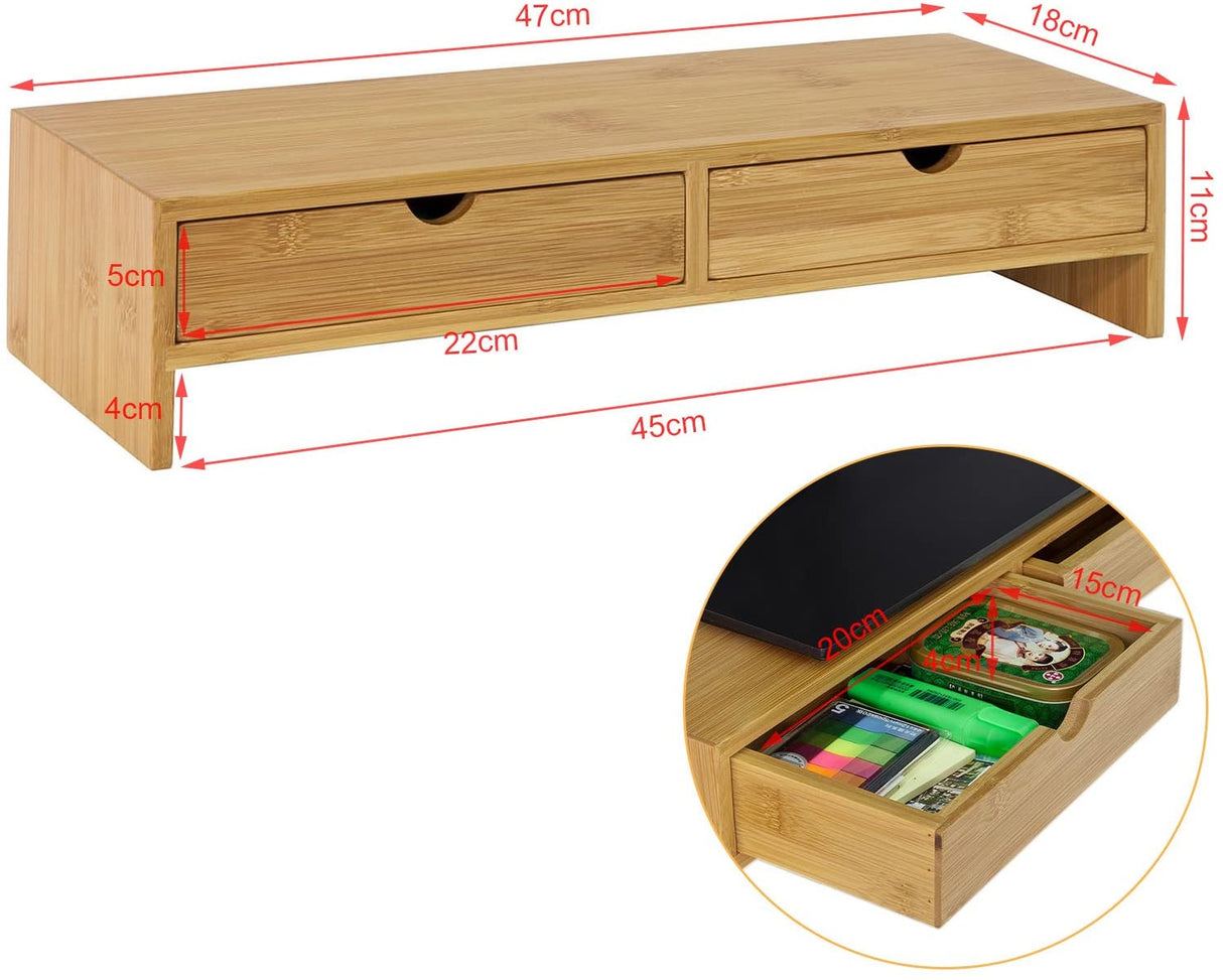 Ergonomic Bamboo Monitor Riser with Dual Storage Drawers