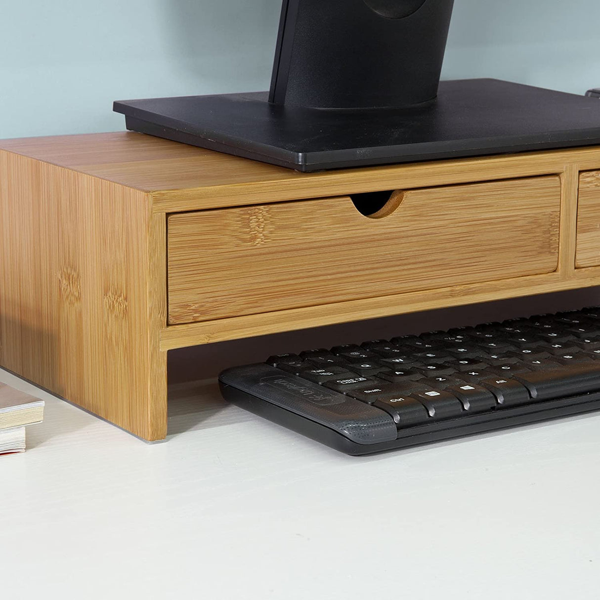 Ergonomic Bamboo Monitor Riser with Dual Storage Drawers