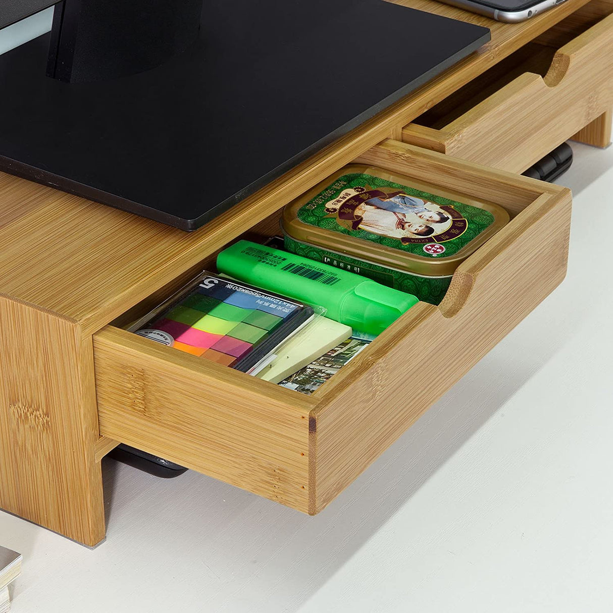 Ergonomic Bamboo Monitor Riser with Dual Storage Drawers